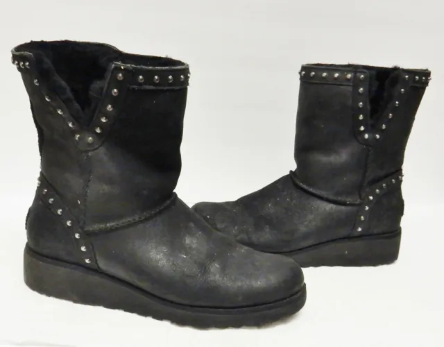 UGG Leather ANKLE SHEEPSKIN BOOTS Booties Wedge 1013854 Studs Black Women's 8.5