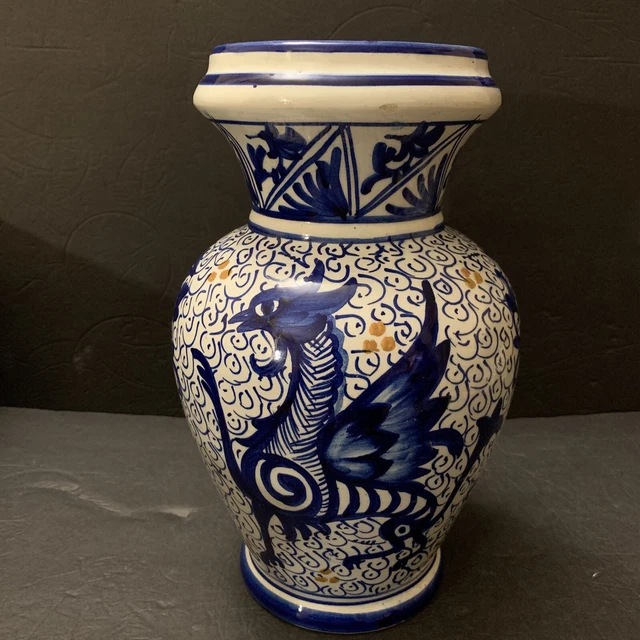 Majolica Spanish Winged Lions, Dragon Hand Painted Ceramic Large Vase 13” Spain