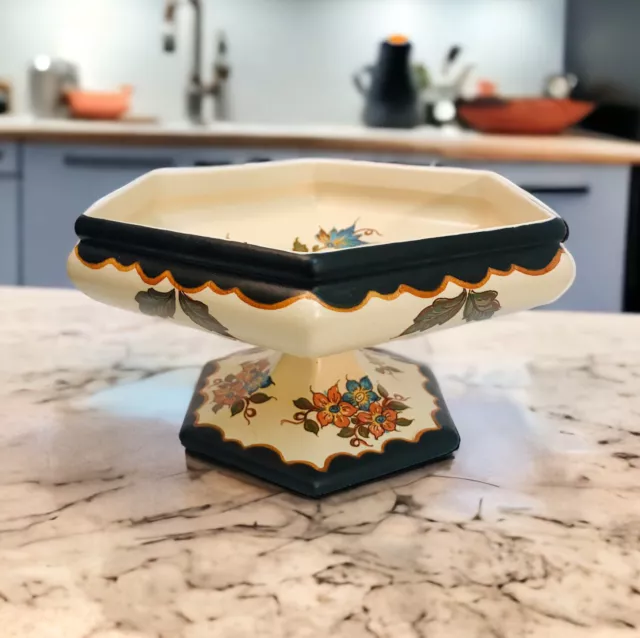 AAG Zuid Holland Pottery Footed Bowl Compote 9” Hand Painted Blue Orange Floral