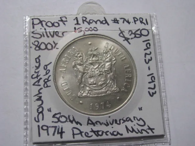 1974 South Africa 1 Rand Silver 80% Proof coin rare low mintage 50th Anniversary