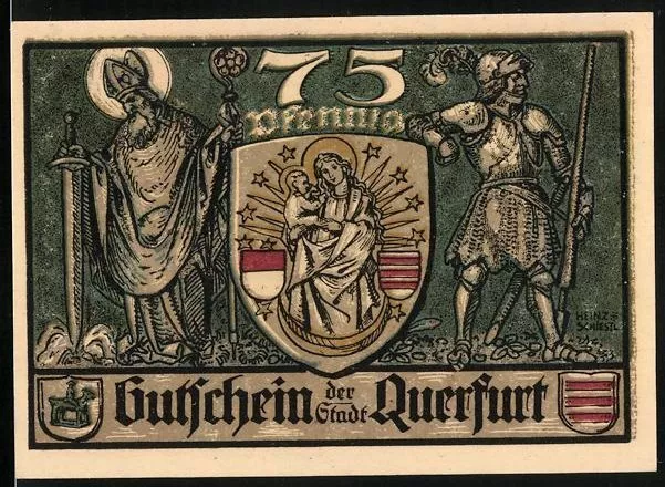 Notgeld Querfurt 1921, 75 Pfennig, Krieger und Kirchenfürst mit Wappen, Teilans