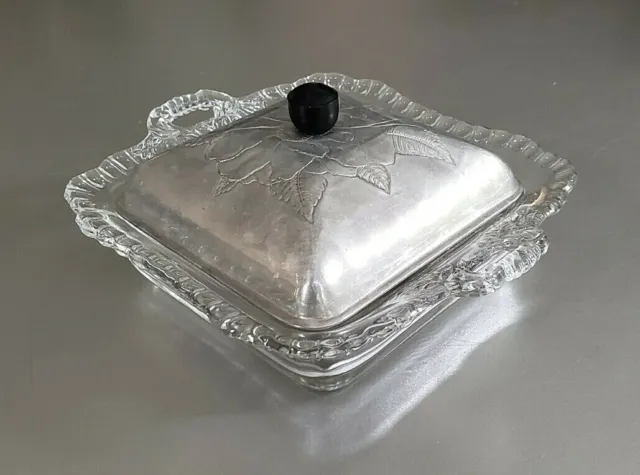 Vintage Wrought Farberware Handled Glass Dish With Floral Etched Aluminum Lid