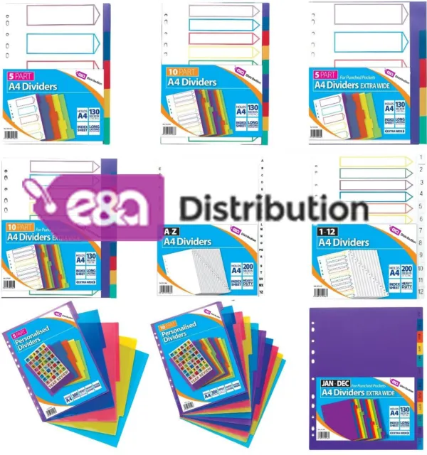 A4 File Dividers Plastic Coloured Tabs Subject Filing Numbered A-Z Extra Wide