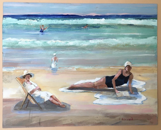 Claude Bernard oil painting landscape women fashion sea baths beach Saint Palais