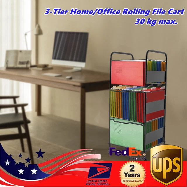 HOME/OFFICE ROLLING FILE Cart Movable 3Tier File Folder Rack Drawer ...