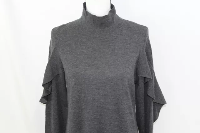 NWT Elie Tahari Womens $398 Grey Kacey Mock Neck Ruffle Trim Wool Sweater M 2