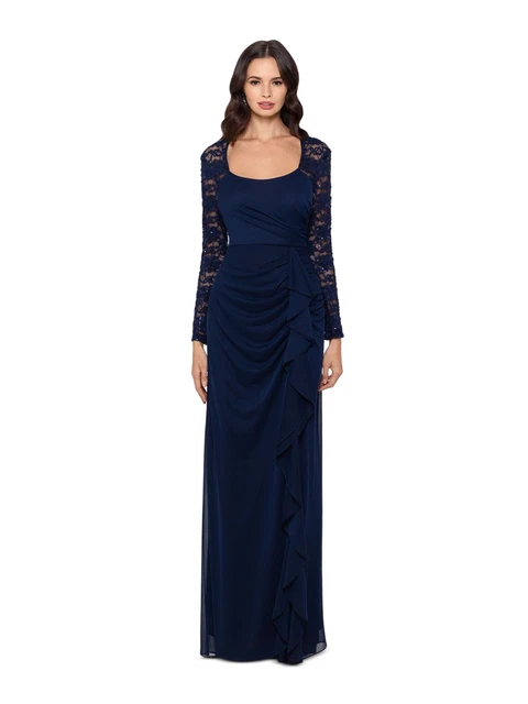 XSCAPE Womens Navy Long Sleeve Full-Length Body Con Evening Dress Size: 4