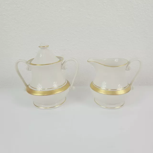 Pickard Hand Decorated Palace Ivory Gold Sugar Bowl W/ Lid & Creamer Set Unused