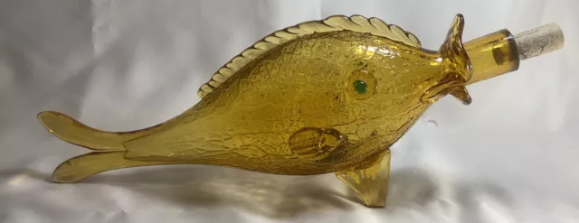 Vtg Amber Fish-Shaped Figural Collectible Wine Liquor Bottle Italy Self-Standing