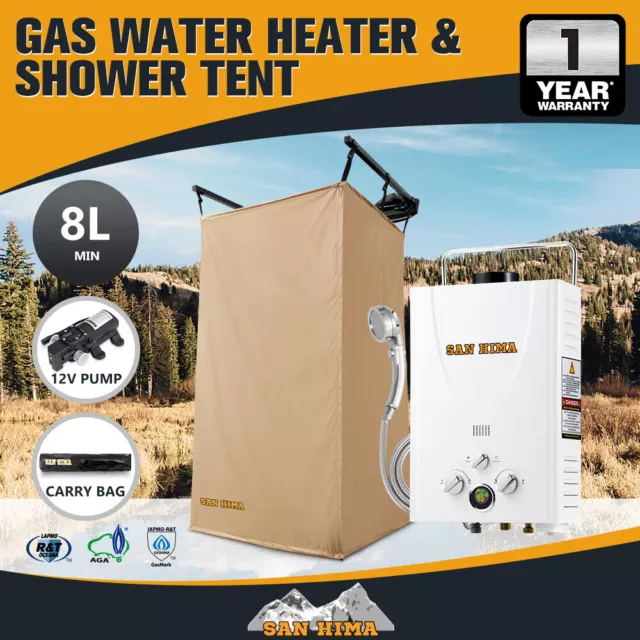 San Hima Camping Shower Tent Awning Fold-Out Instant + 8L Gas Hot Water Heater