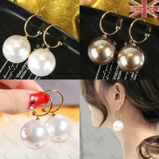 Champagne Big Pearl Long Drop Gold Hoops Statement Earrings Bridal Wedding Party