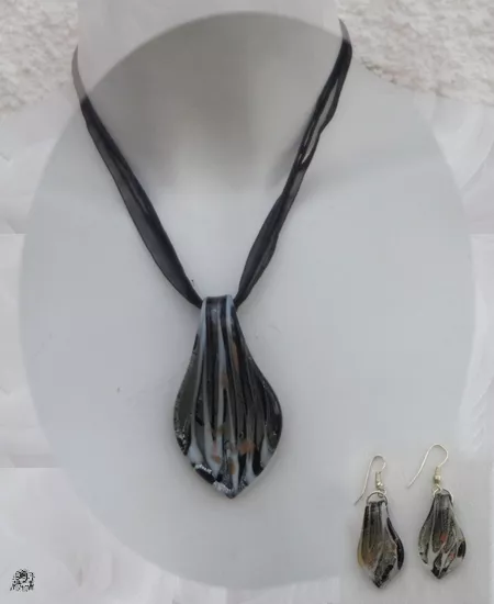 Parure  Gena Pendentif + B.O Noir Argent Blanc Or Verre Soufflé Style Murano