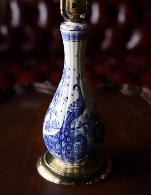 Vintage DELFT Blue and White Lamp PEACOCK & FLORAL Hand Painted Delftse Pauw 23"