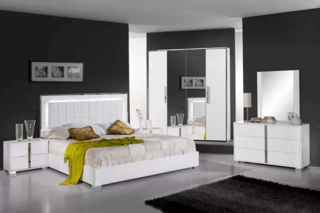 Chambre à Coucher Lit Table de Chevet Penderie Commode Miroir Double Neuf Set