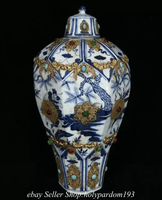 20.4" Marked Chinese Blue White Porcelain Inlay Gems Human Bottle Vase