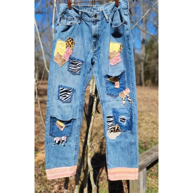 upcycled handmade patchwork stiched applique art Boyfriend style jeans