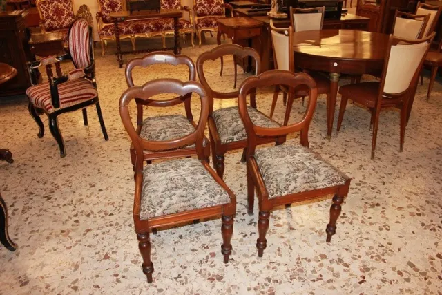 Gruppo di 4 sedie inglesi del 1800 legno di mogano rivestite tessuto sanderson