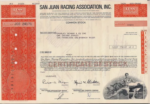 Stock certificate San Juan Racing Association, Inc. Puerto Rico