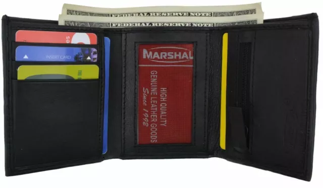Mens Trifold Leather Credit Card Holder Wallet W/ Zippered Pockets & ID Window