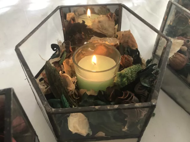 Stained glass terrarium with potpourri and votive candle