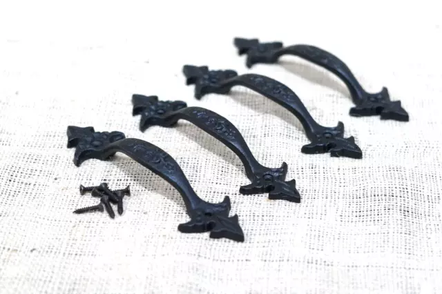 4 Cast Iron Black Handles Gate Pull Shed Door Barn Handle Fancy Drawer Pulls