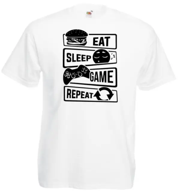 Eat sleep game repeat t-shirt bianca top bambini uomo donna regalo gioco gratis p&p