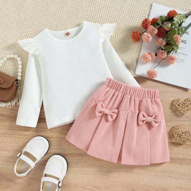 2PCS Toddler Kids Baby Girls Ribbed Ruffle Tops Skirt Set Party Outfits Clothes 5