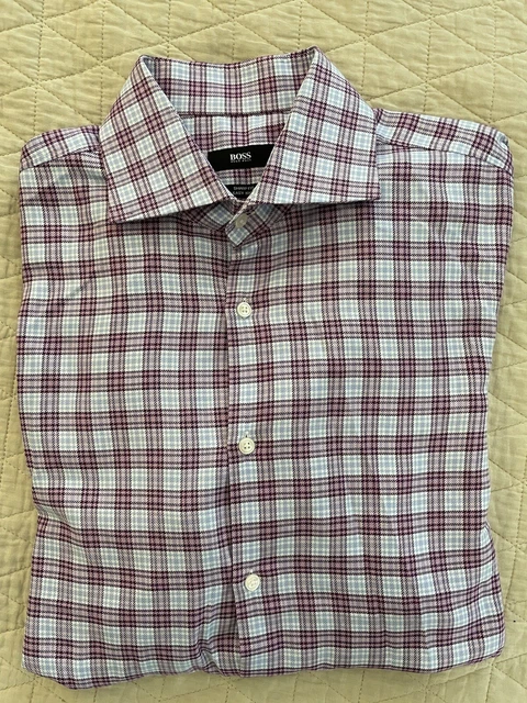 HUGO BOSS Sharp Fit Gradient Check Print Spread Collar Shirt Size 16 1/2 $145