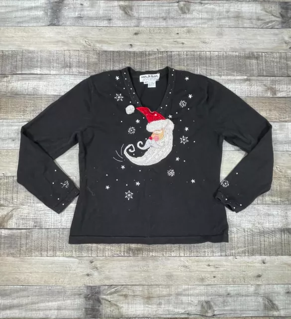 Jack B Quick Sweater Womens Medium Black Santa Christmas Holiday V Neck Pullover