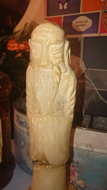 Vintage Hand Carved Soap Stone Chinese Wise Man Sage Figure on Plinth