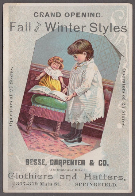 Besse Carpenter Clothiers Hatters Springfield MA trade card 1880s girl book doll