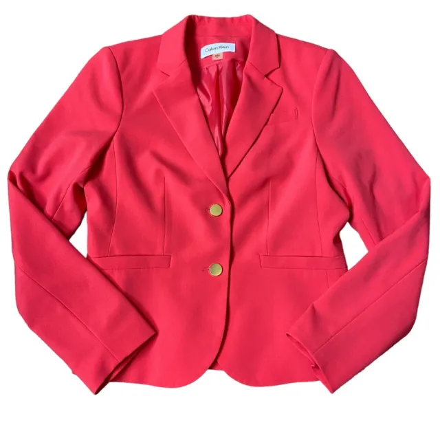 Calvin Klein Hot Pink Blazer Women Size 6 Suiting Jacket Stretch Gold Buttons