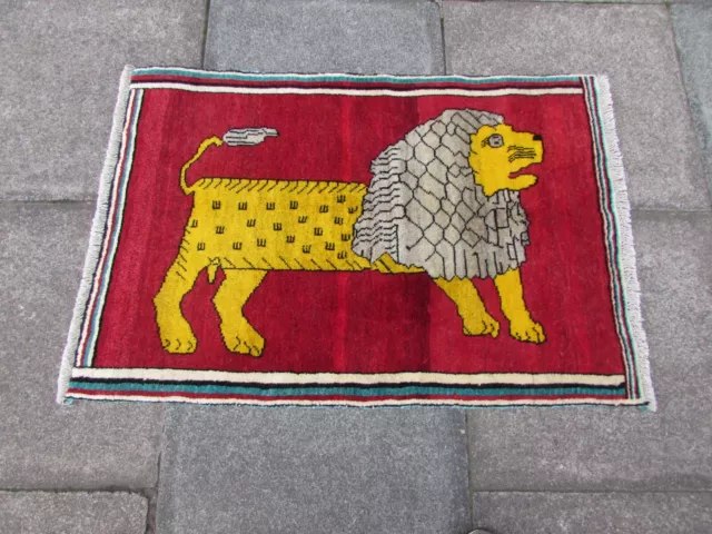 Vintage Traditional Hand Made Oriental Gabbe Wool Red Rug 115x80cm Animal Lion