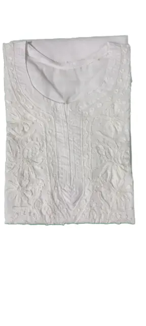 Indian Floral Embroidery WhiteColor Lucknowi Chikankari Short Women Cotton Kurti