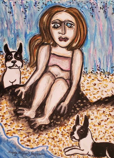Woman on Beach 11x14 Dog Cubism Art PRINT Signed by Artist KSams Boston Terrier Woman on Beach 11x14 Dog Cubism Art PRINT Signed by Artist KSams Boston Terrier