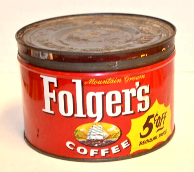 VINTAGE 1959 FOLGERS COFFEE GRAPHIC KEYWIND TIN CAN KANSAS CITY HOUSTON