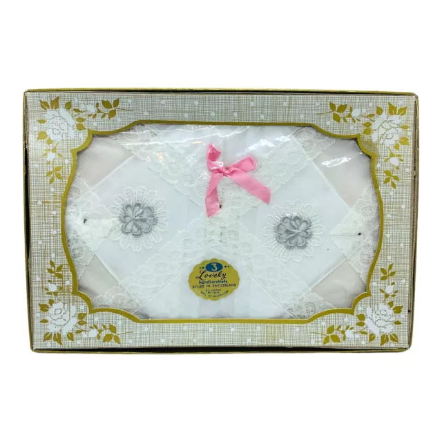 Vintage Set of 3 Lovely Handkerchiefs Styled in Switzerland Cotton Gift Box READ