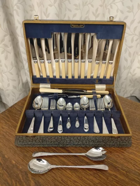 Vintage 43 Pc Chrome Plate Faux Bone Cutlery Canteen by Webber & Hill Sheffield