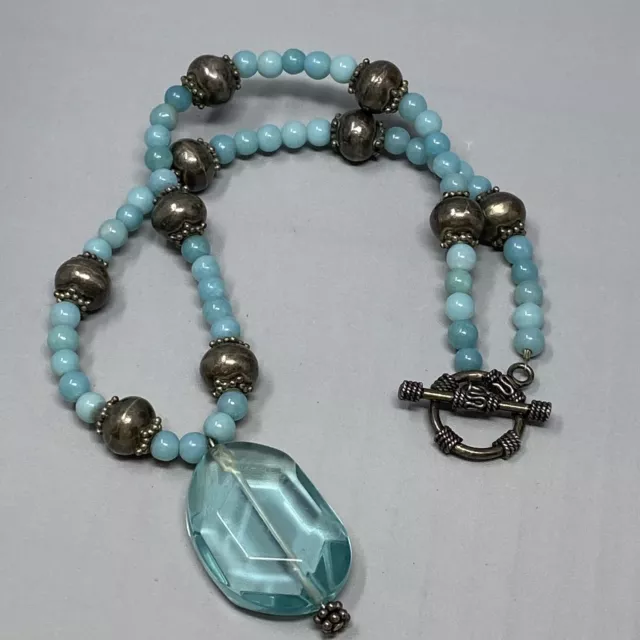 VTG Stone Necklace Aqua Blue Crystal Pendant Gemstone Beads Silver Tone 18"