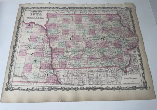 1865 Iowa & Nebraska by Johnson Ward - beautiful antique map 26.5" x 18"