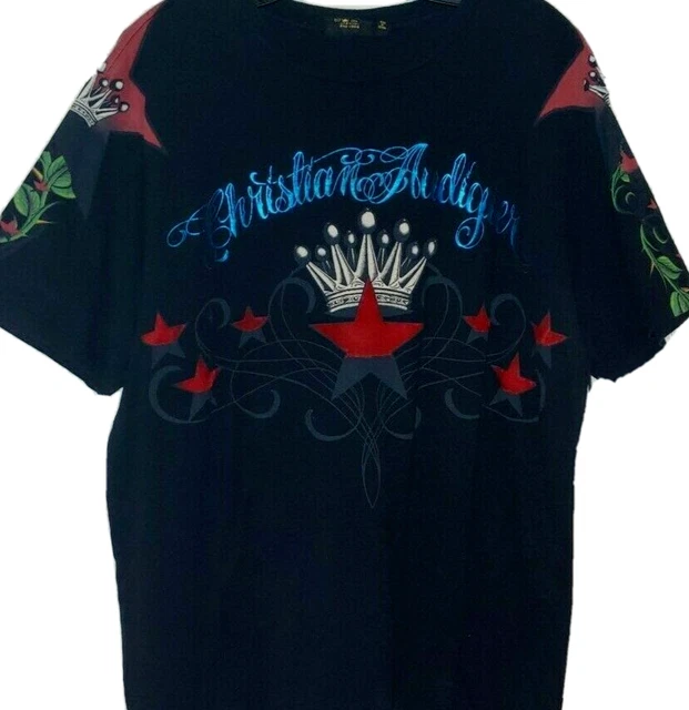 Christian Audigier T Shirt Adult Large Black Red Blue Foil Tattoo Velvet Da Heat