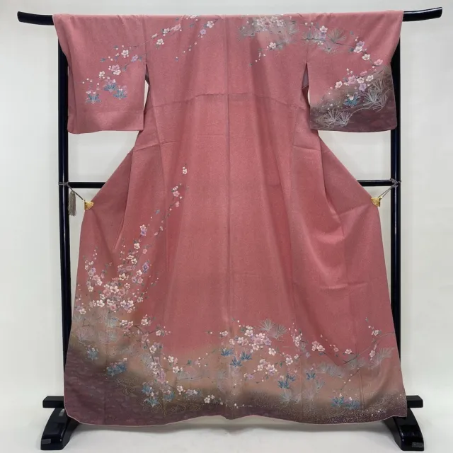Japanese Kimono "HOUMONGI" Silk L size vintage A rank pink crane kimono 1544
