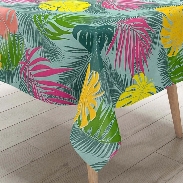 Nappe En Toile Cirée Imprimée Jungle - Motifs Tucans Et Palmiers - Taille Ovale 130 X 170 Cm - Bordure Passepoil, Dos Polaire Antidérapant - Lavable Et Personnalisée