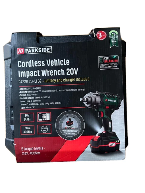 Parkside 20V Cordless Vehicle Impact Wrench + 4Ah Battery & Charger + 4 Sockets