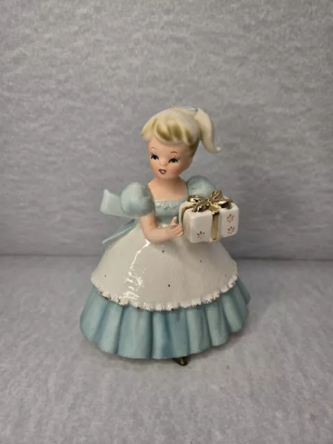 Vintage Ceramic Napcoware Napco Birthday Girl with Gift Blue Dress Planter 6"