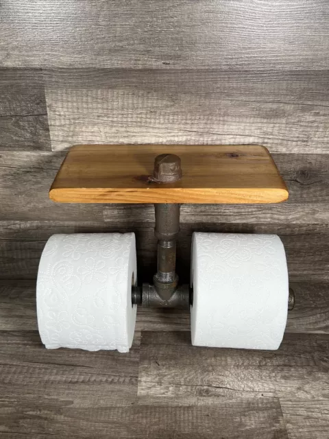Excello Global Products Industrial Toilet Paper Holder with Rustic Wooden Shelf and Cast Iron Pipe