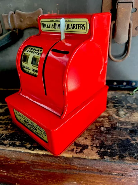 Vintage Red UNCLE SAM'S 3 Coin Register Bank..Works! Distributed by Ohio Art Co.