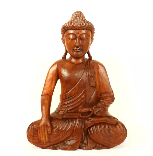 Heavy Wooden Meditating Buddha 42cm Bhumisparsha Mudra Statue Hand Carved Christ