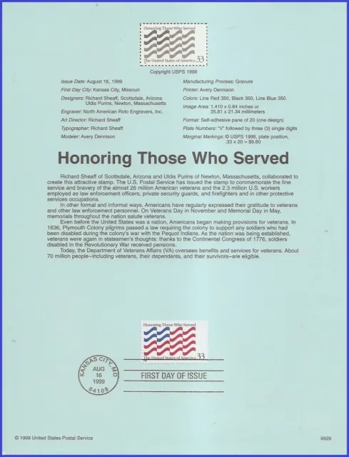 USA8 #3331 U/A SOUVENIR PAGE FDC   Honoring Those Who Served