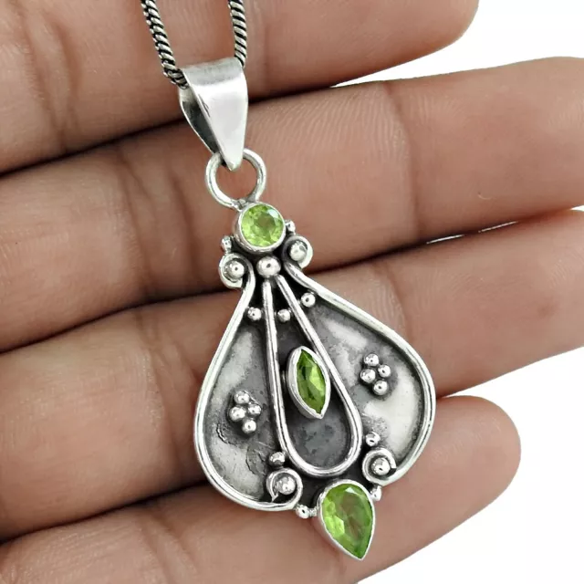 Natural Peridot Gemstone Pendant Vintage 925 Sterling Silver For Women D7